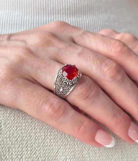 Meander Pattern Filigree Art Ruby Gemstone Woman Silver Cocktail Ring - Drakoi Marketplace