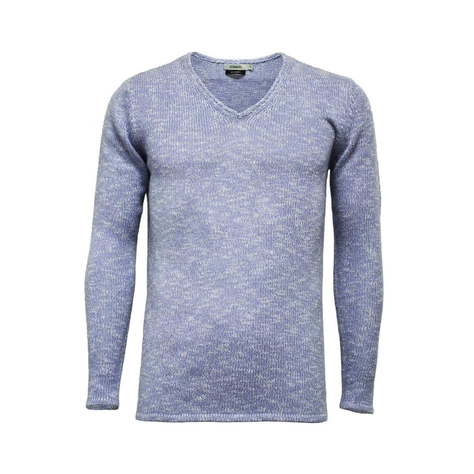 Melange Cashmere V Neck Sweater in Jersey Stitch Blue White - Drakoi Marketplace