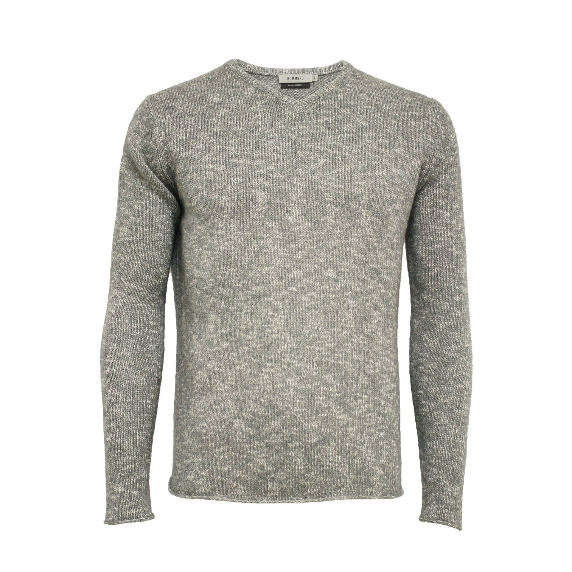 Melange Cashmere V Neck Sweater in Jersey Stitch Grey White - Drakoi Marketplace