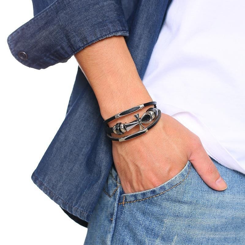 Mens Black Leather Bracelet - Drakoi Marketplace