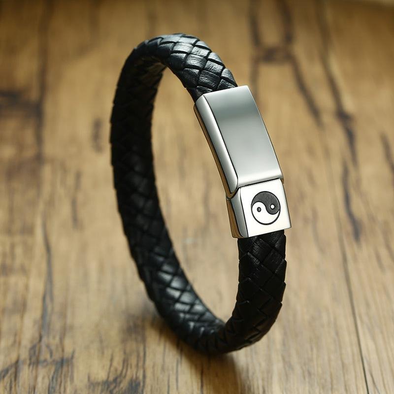 Mens Black Leather Bracelets with Steel Clasp - Drakoi Marketplace