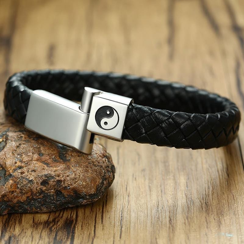 Mens Black Leather Bracelets with Steel Clasp - Drakoi Marketplace