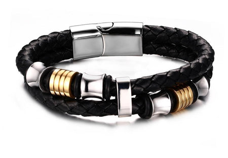 Men's Gold Beads Black Braided Leather Bracelet - Drakoi Marketplace