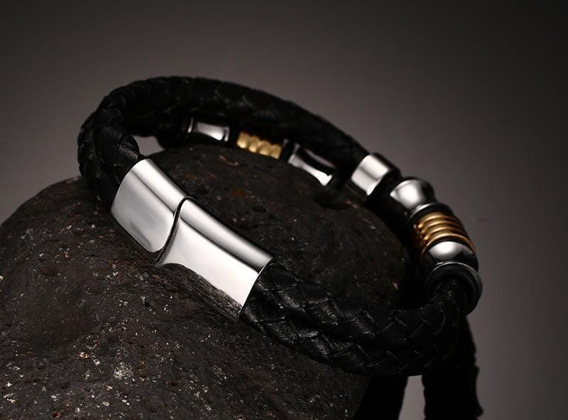 Men's Gold Beads Black Braided Leather Bracelet - Drakoi Marketplace