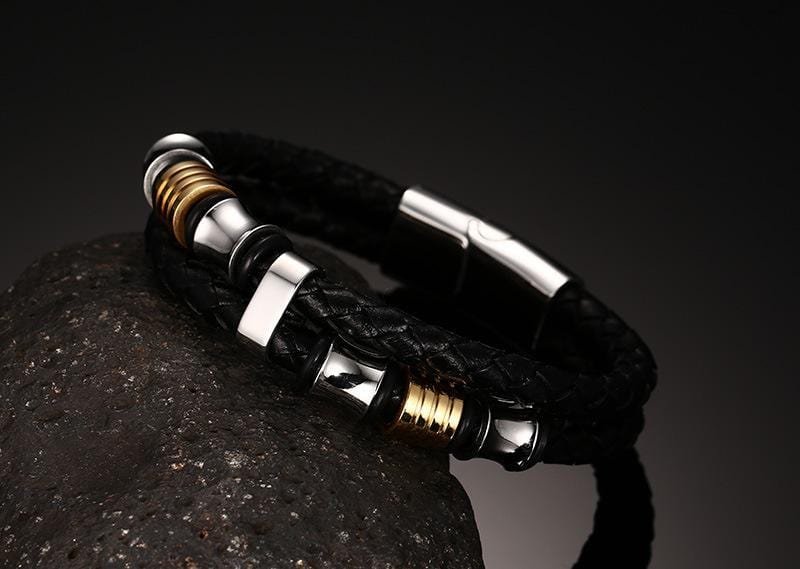 Men's Gold Beads Black Braided Leather Bracelet - Drakoi Marketplace