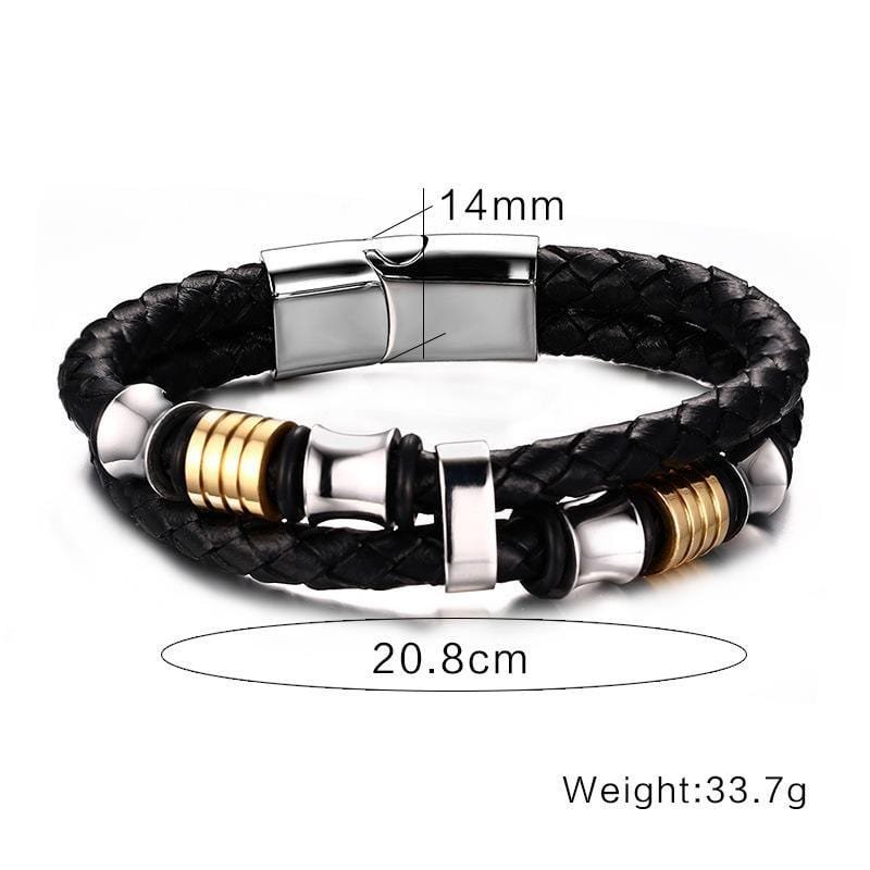 Men's Gold Beads Black Braided Leather Bracelet - Drakoi Marketplace