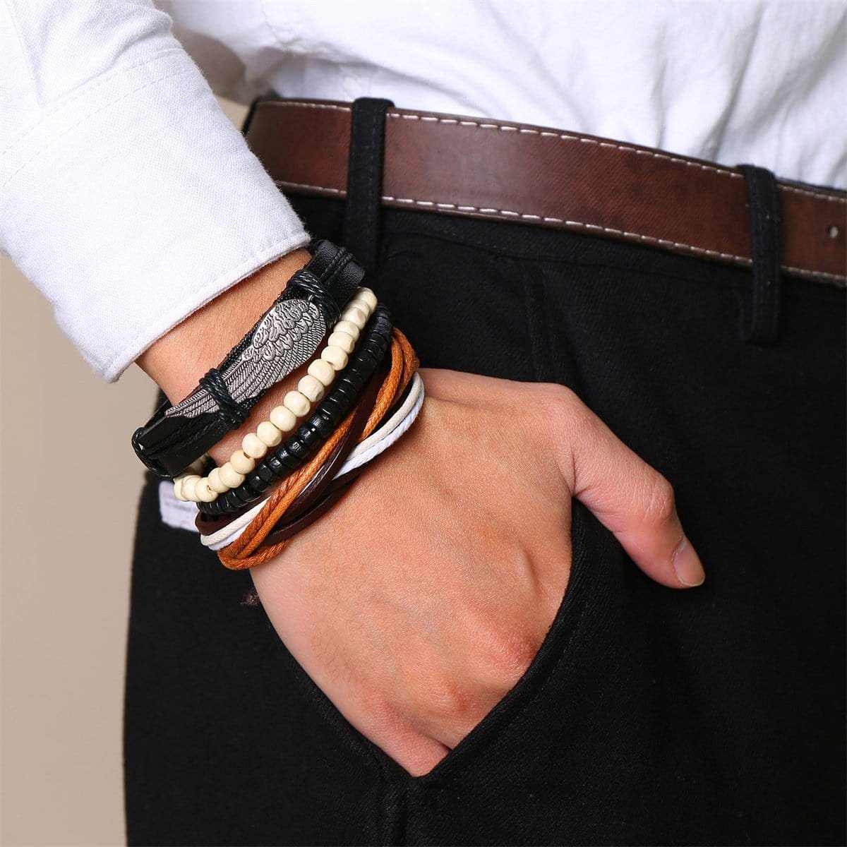 Mens Multilayer Leather Charm Bracelet Set - Drakoi Marketplace