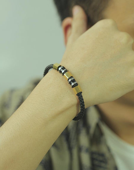 Men's Stainless Steel and Leather Bead Bracelet - Drakoi Marketplace