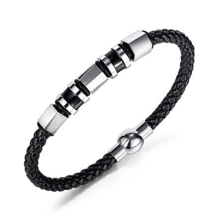 Men's Stainless Steel and Leather Bead Bracelet - Drakoi Marketplace