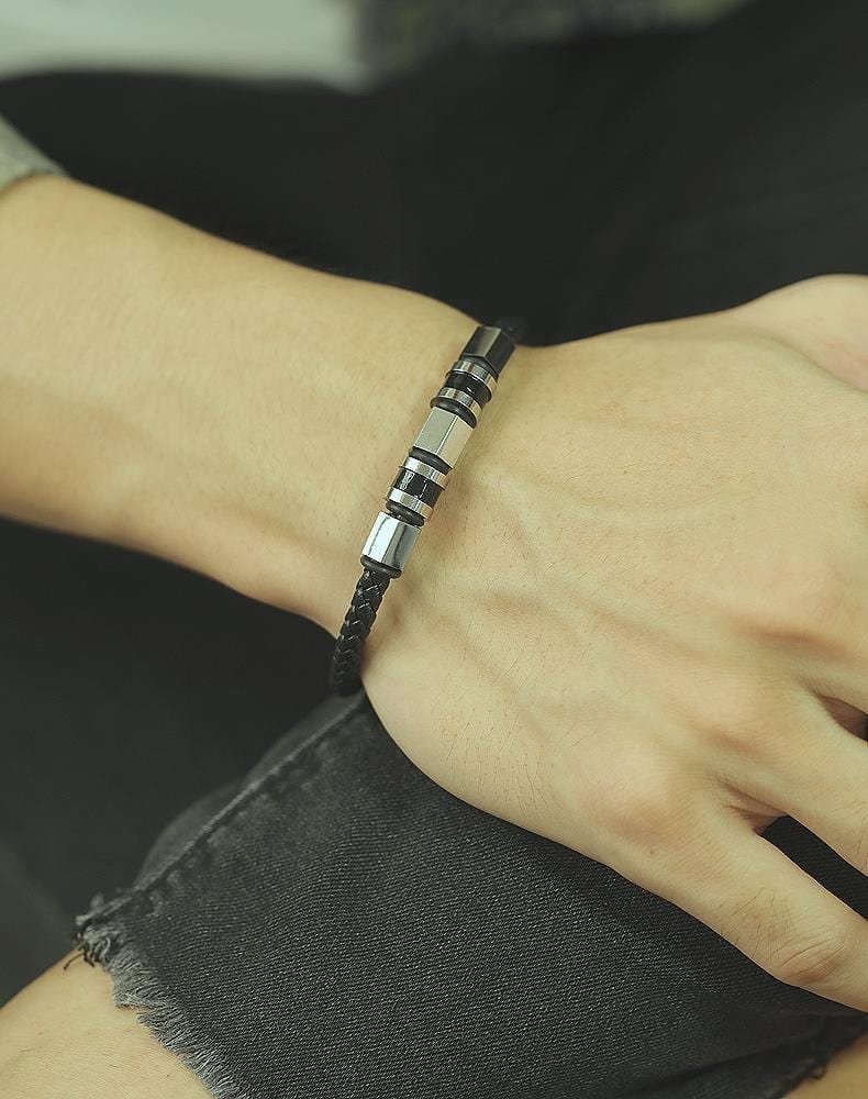 Men's Stainless Steel and Leather Bead Bracelet - Drakoi Marketplace