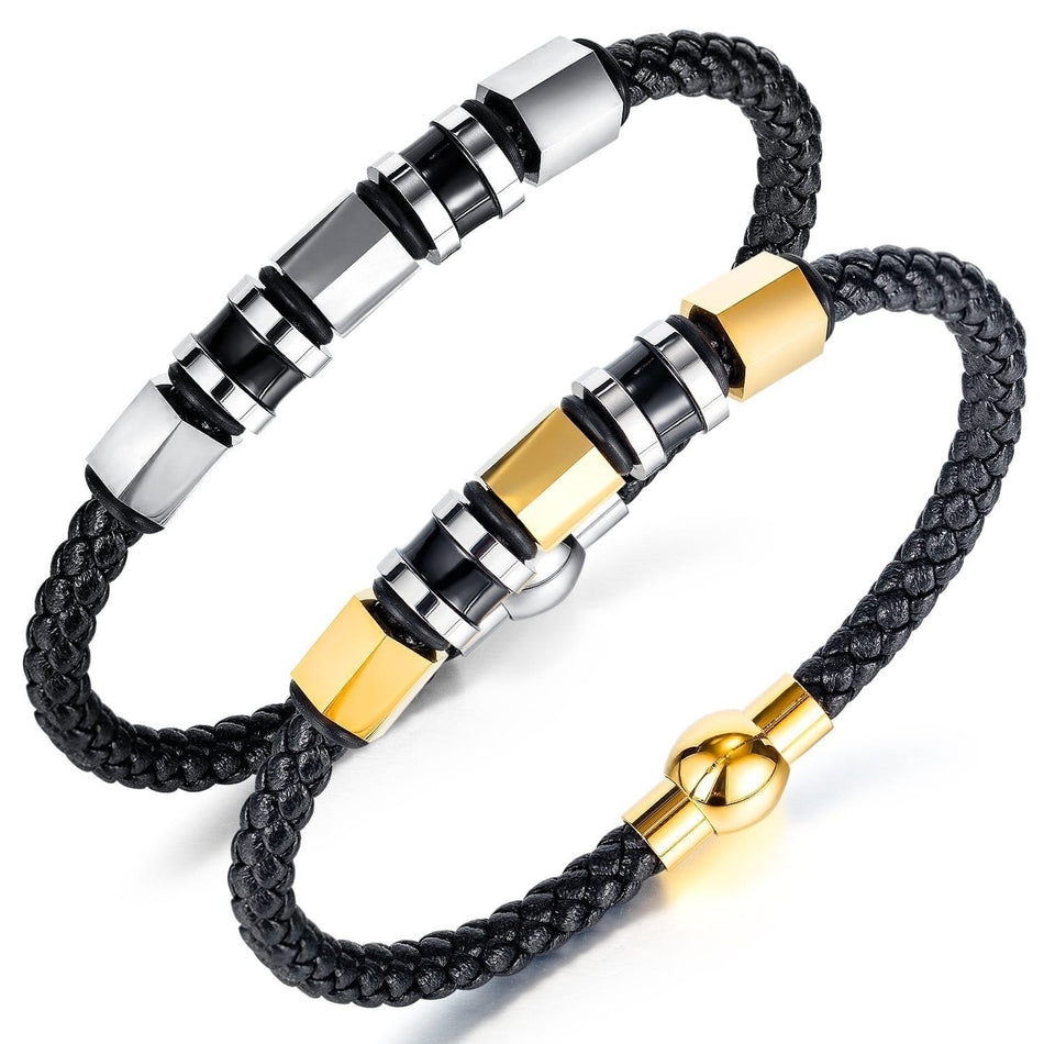 Men's Stainless Steel and Leather Bead Bracelet - Drakoi Marketplace