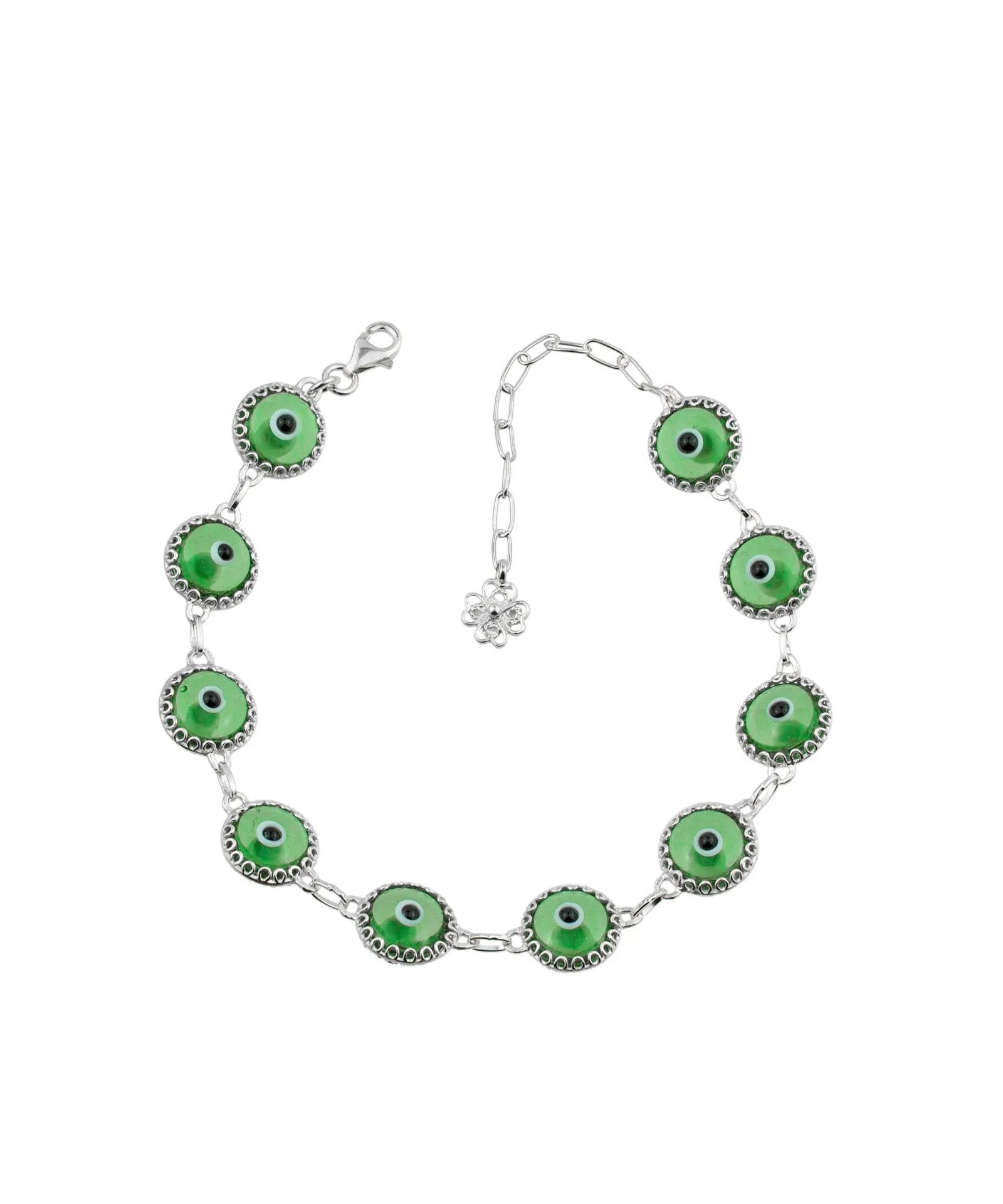 Mint Green Evil Eye Sterling Silver Woman Adjustable Link Bracelet - Drakoi Marketplace