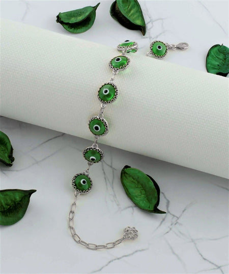 Mint Green Evil Eye Sterling Silver Woman Adjustable Link Bracelet - Drakoi Marketplace