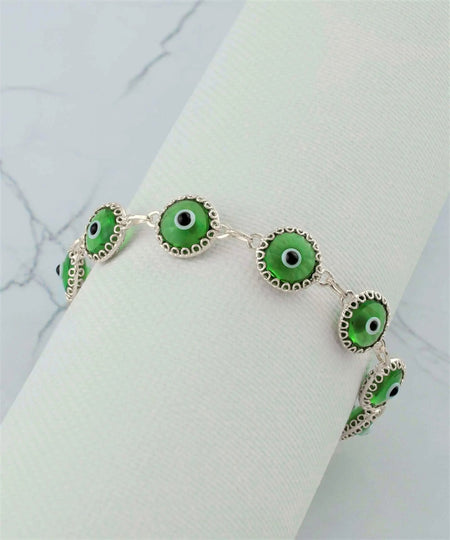 Mint Green Evil Eye Sterling Silver Woman Adjustable Link Bracelet - Drakoi Marketplace