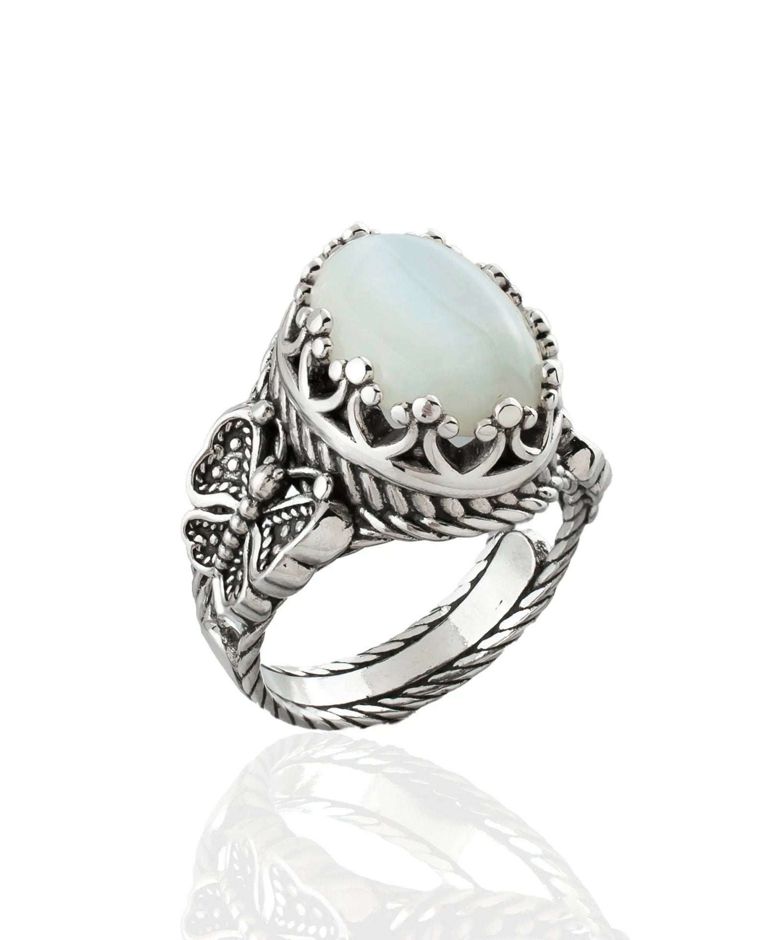 Mother of Pearl Gemstone Filigree Art Double Butterfly Detailed Women Silver Statement Ring - Drakoi Marketplace