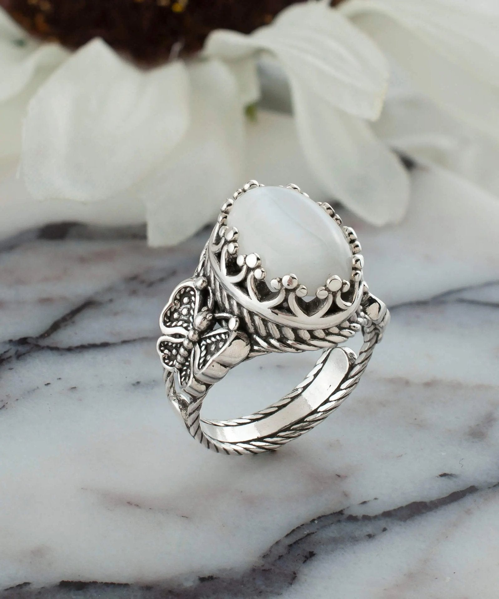 Mother of Pearl Gemstone Filigree Art Double Butterfly Detailed Women Silver Statement Ring - Drakoi Marketplace