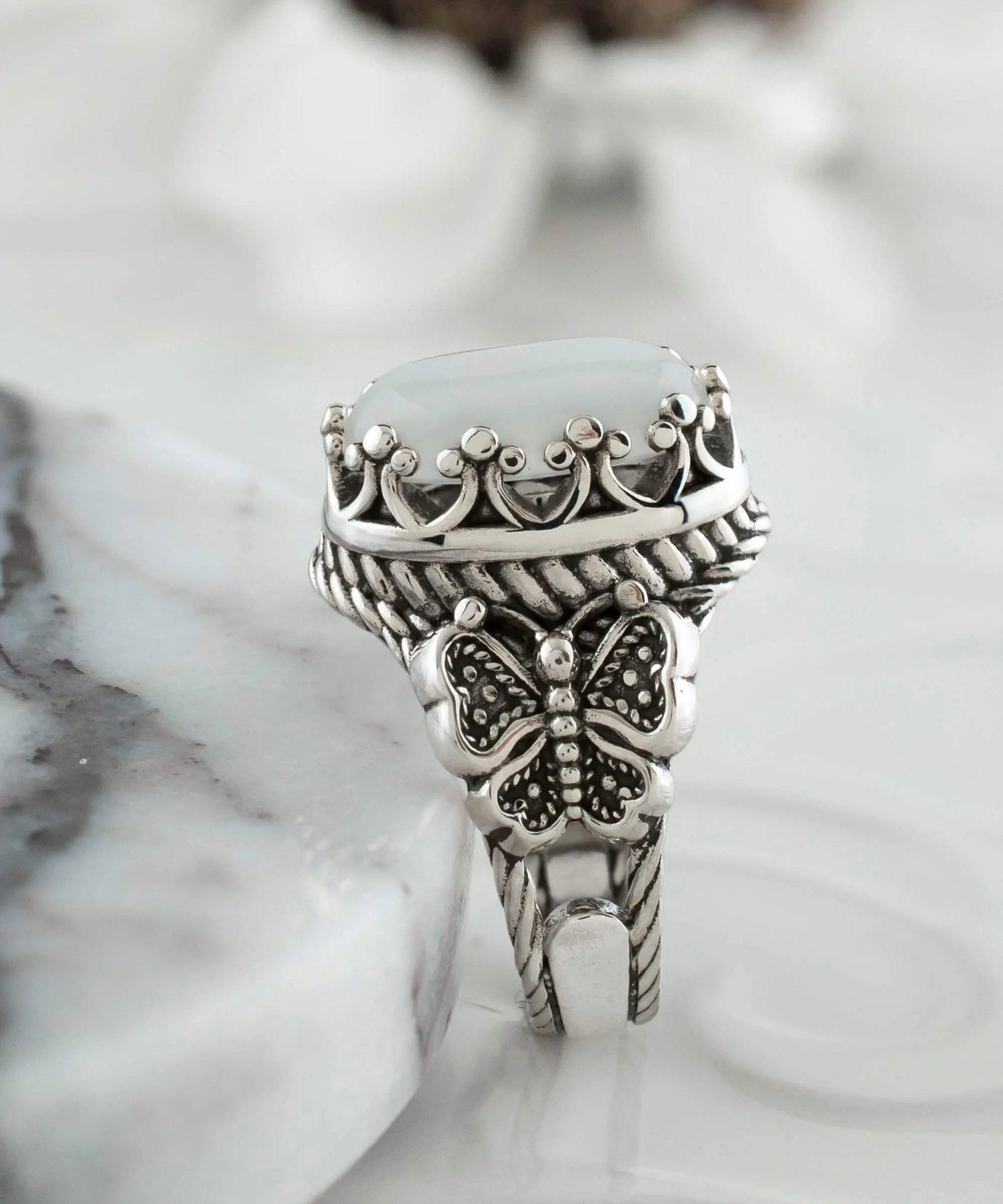 Mother of Pearl Gemstone Filigree Art Double Butterfly Detailed Women Silver Statement Ring - Drakoi Marketplace