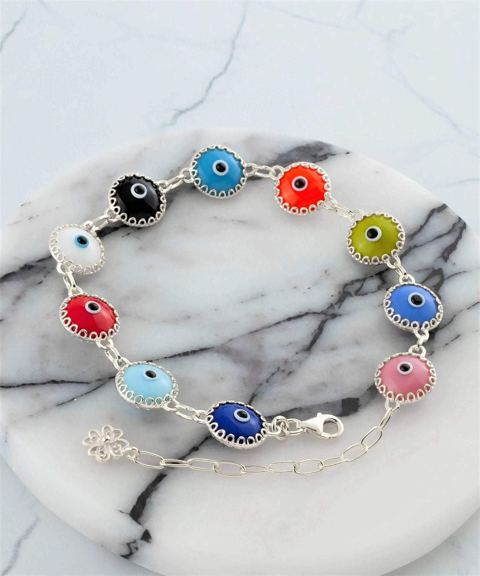 Multi Color Evil Eye Sterling Silver Woman Adjustable Link Bracelet - Drakoi Marketplace