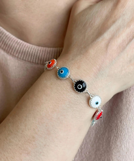 Multi Color Evil Eye Sterling Silver Woman Adjustable Link Bracelet - Drakoi Marketplace