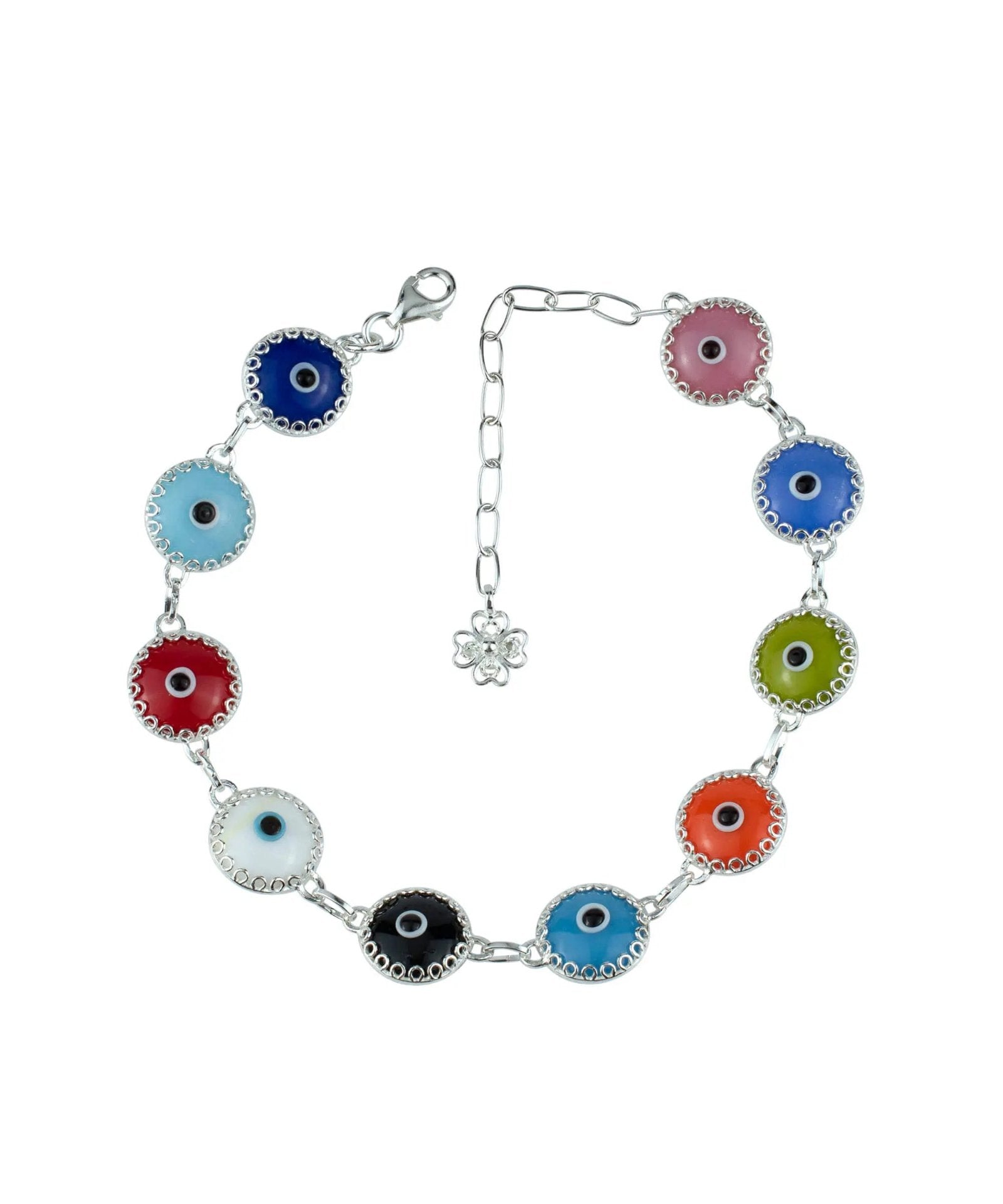 Multi Color Evil Eye Sterling Silver Woman Adjustable Link Bracelet - Drakoi Marketplace