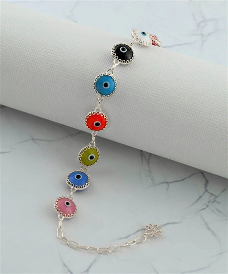 Multi Color Evil Eye Sterling Silver Woman Adjustable Link Bracelet - Drakoi Marketplace