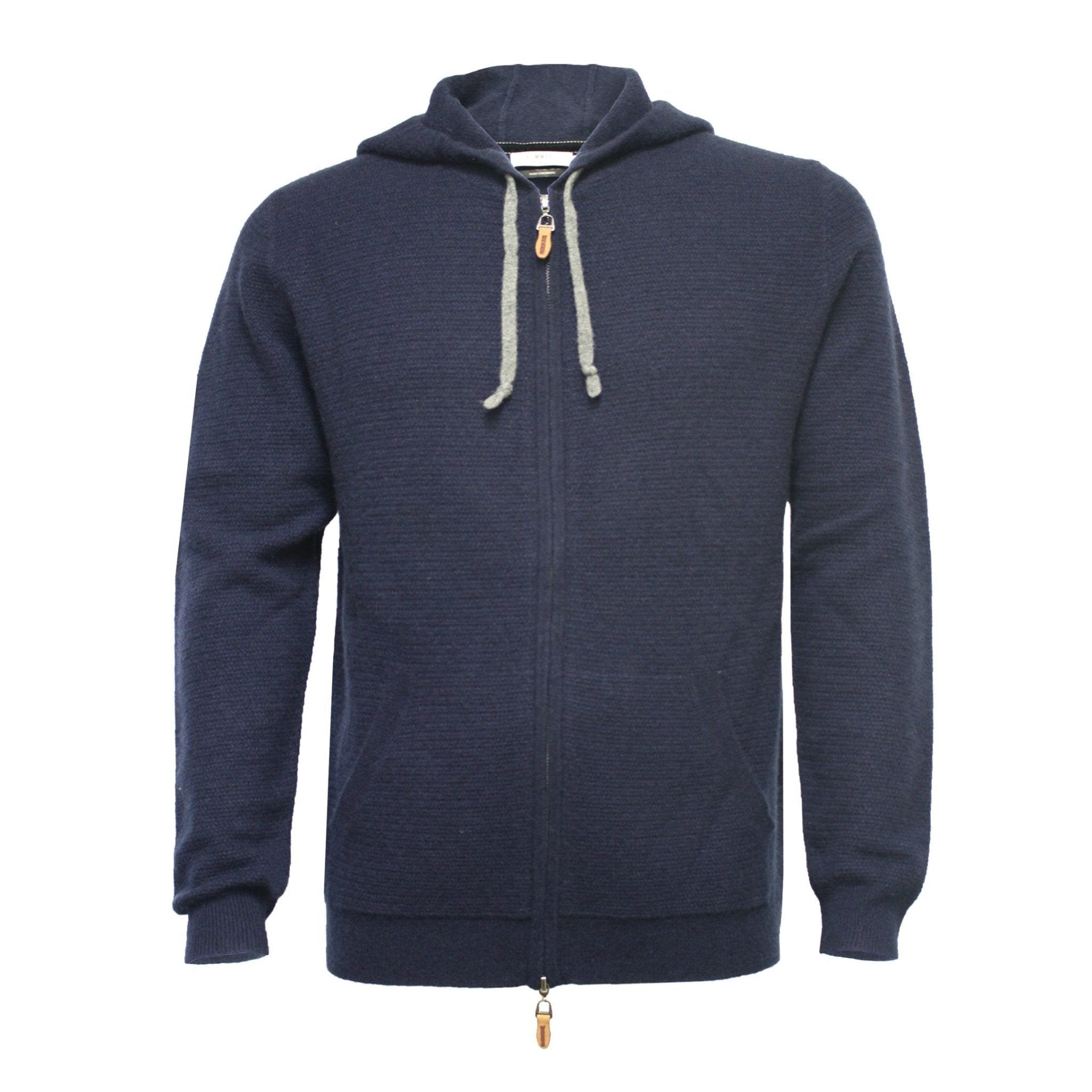 Navy Hooded Cashmere Sweater in small Herringbone stitch Cervinia - Drakoi Marketplace