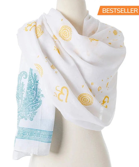 OM Shanti paisley design hand block printed cotton shawl - Drakoi Marketplace