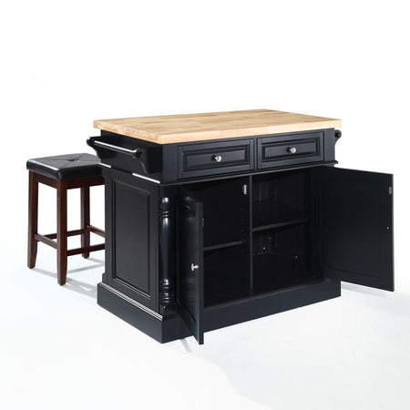 Oxford Kitchen Island W/Square Seat Stools Black - Kitchen Island, 2 Counter Height Bar Stools - Drakoi Marketplace