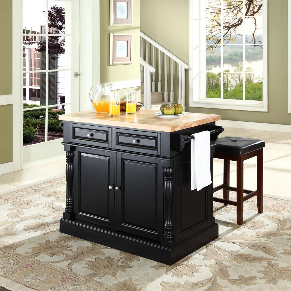 Oxford Kitchen Island W/Square Seat Stools Black - Kitchen Island, 2 Counter Height Bar Stools - Drakoi Marketplace