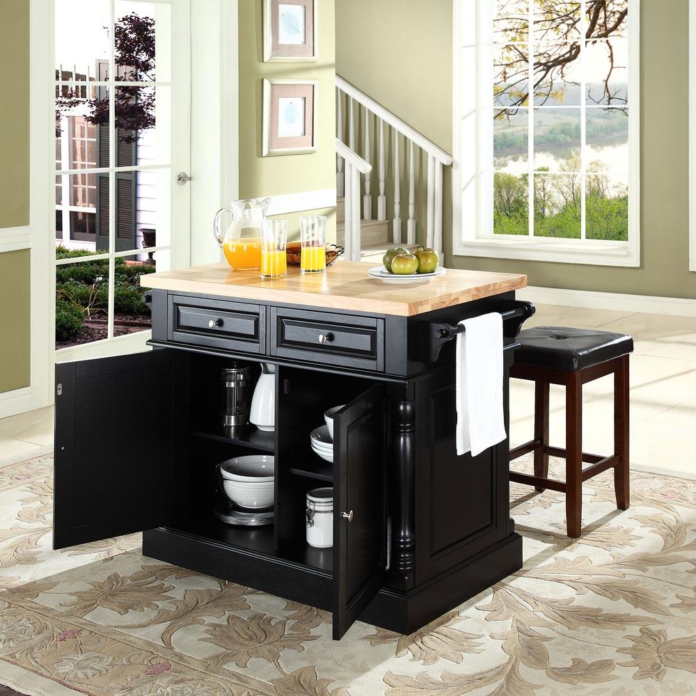 Oxford Kitchen Island W/Square Seat Stools Black - Kitchen Island, 2 Counter Height Bar Stools - Drakoi Marketplace