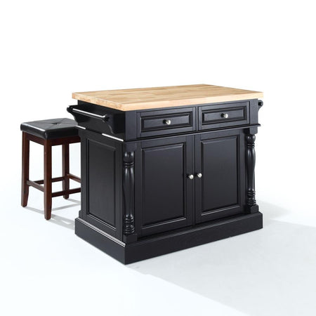 Oxford Kitchen Island W/Square Seat Stools Black - Kitchen Island, 2 Counter Height Bar Stools - Drakoi Marketplace