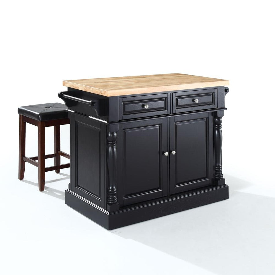 Oxford Kitchen Island W/Square Seat Stools Black - Kitchen Island, 2 Counter Height Bar Stools - Drakoi Marketplace