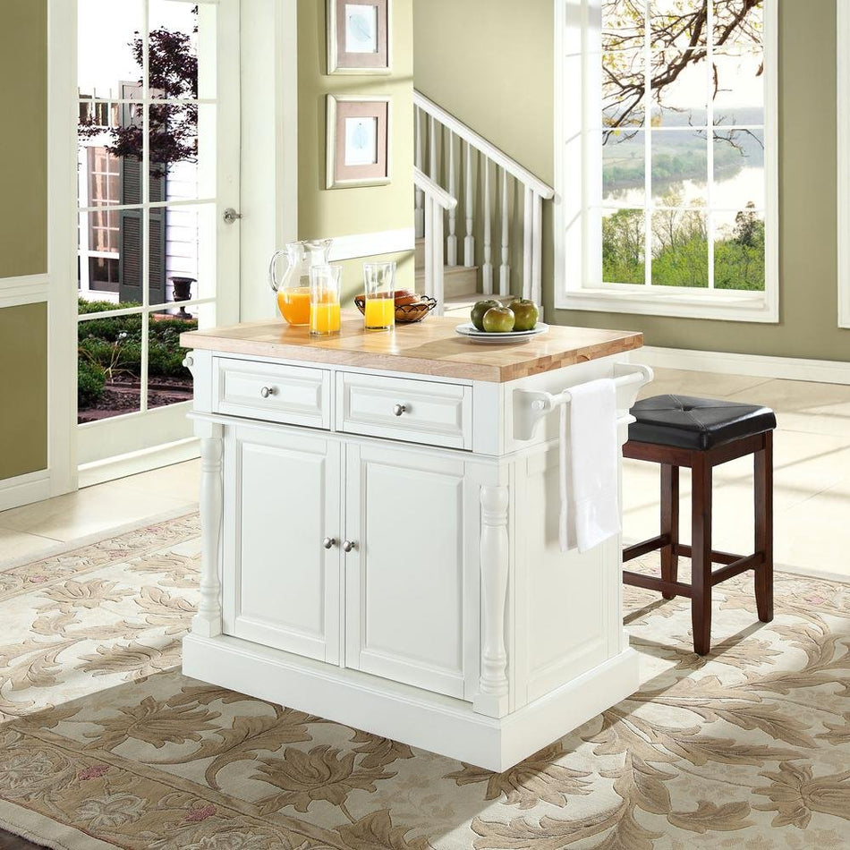 Oxford Kitchen Island W/Square Seat Stools White - Kitchen Island, 2 Counter Height Bar Stools - Drakoi Marketplace