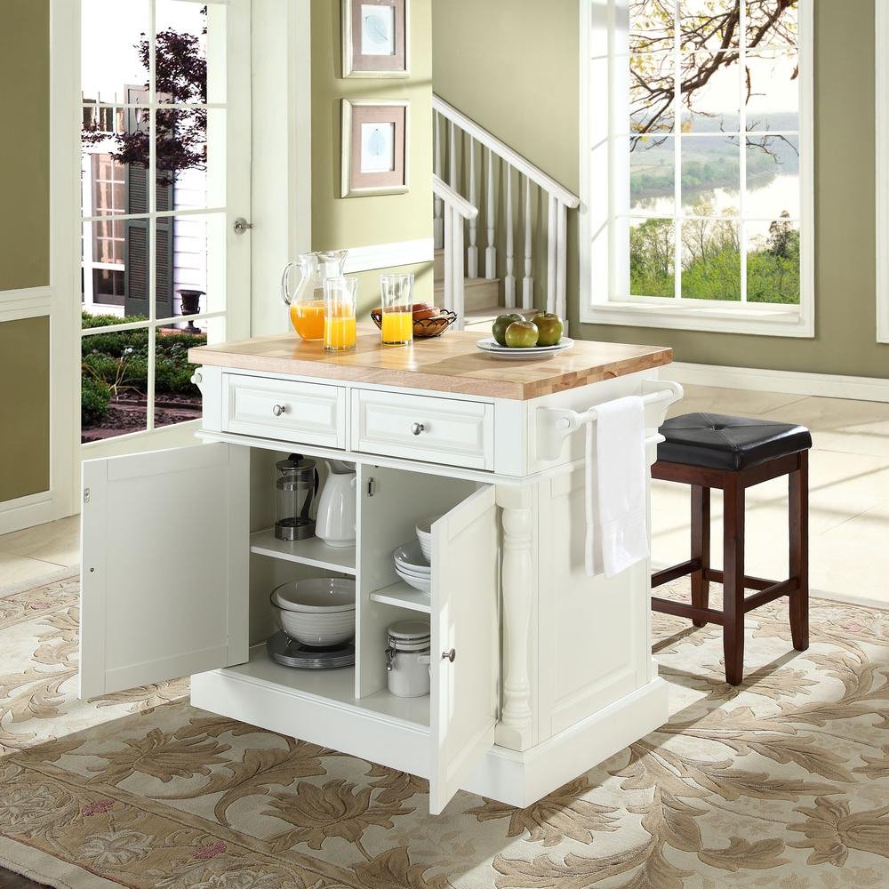 Oxford Kitchen Island W/Square Seat Stools White - Kitchen Island, 2 Counter Height Bar Stools - Drakoi Marketplace