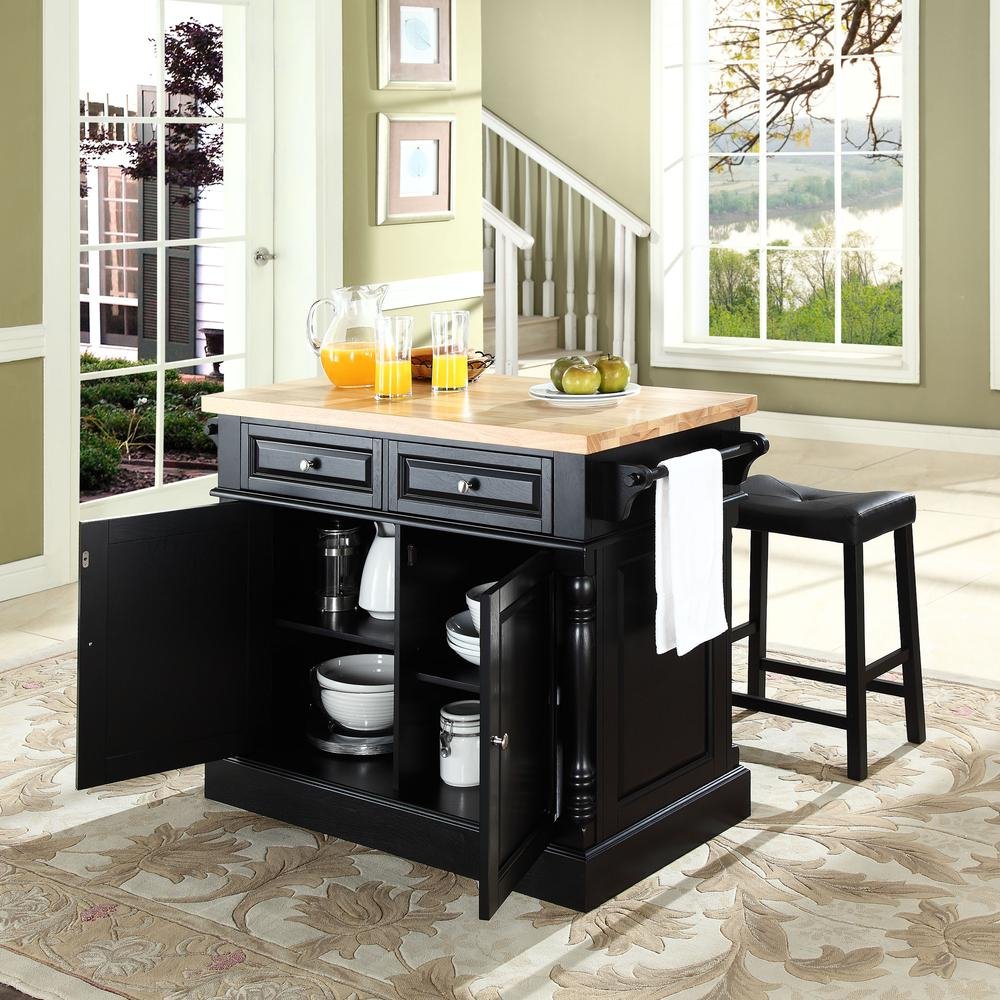 Oxford Kitchen Island W/Upholstered Saddle Stools Black - Kitchen Island, 2 Counter Height Bar Stools - Drakoi Marketplace