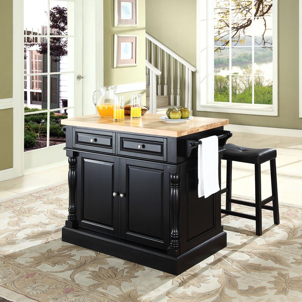 Oxford Kitchen Island W/Upholstered Saddle Stools Black - Kitchen Island, 2 Counter Height Bar Stools - Drakoi Marketplace