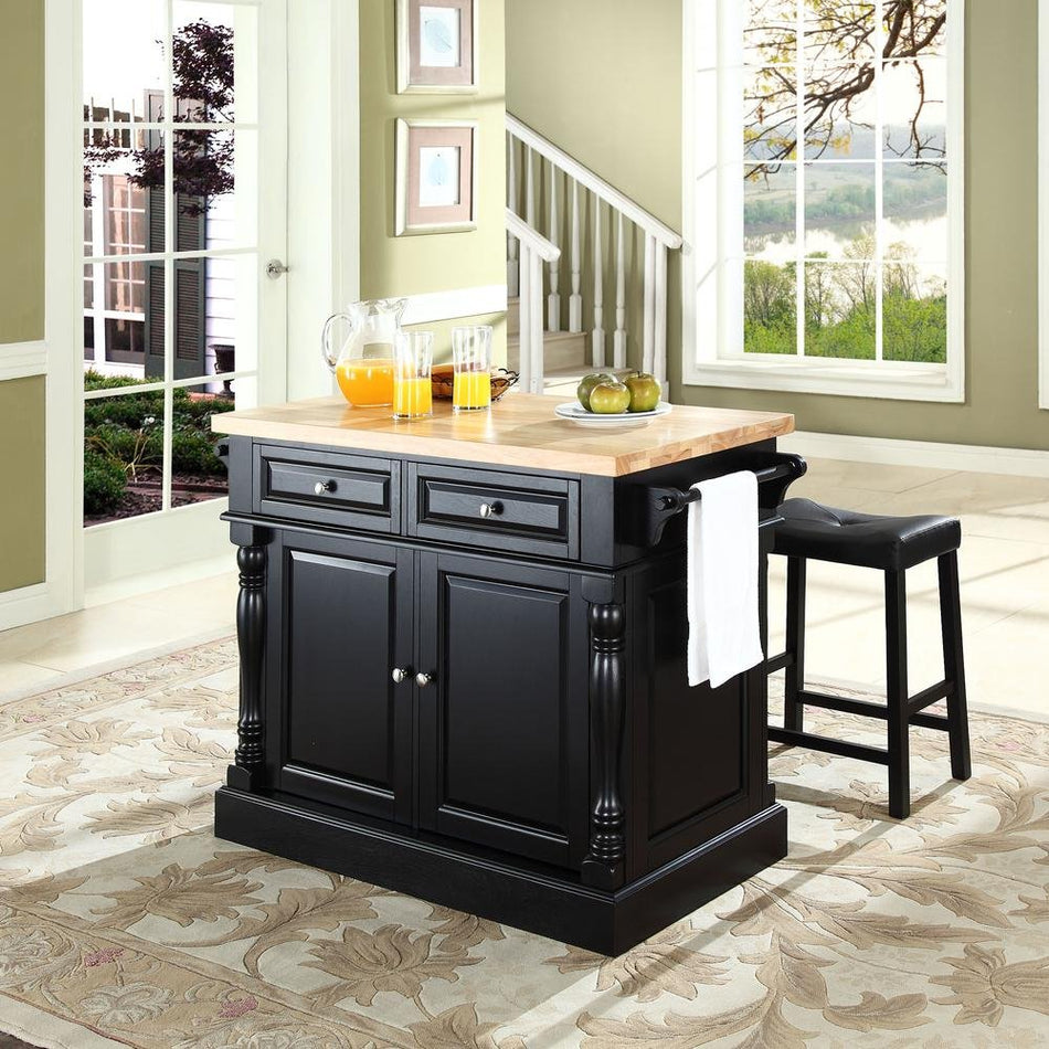 Oxford Kitchen Island W/Upholstered Saddle Stools Black - Kitchen Island, 2 Counter Height Bar Stools - Drakoi Marketplace