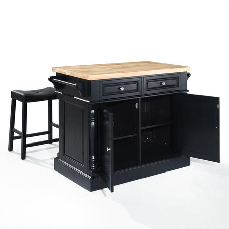 Oxford Kitchen Island W/Upholstered Saddle Stools Black - Kitchen Island, 2 Counter Height Bar Stools - Drakoi Marketplace