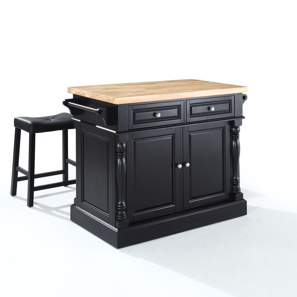 Oxford Kitchen Island W/Upholstered Saddle Stools Black - Kitchen Island, 2 Counter Height Bar Stools - Drakoi Marketplace