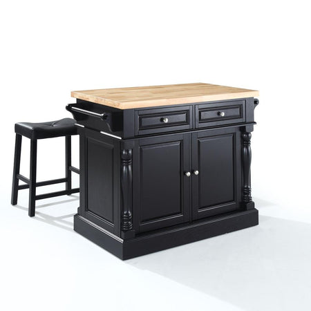 Oxford Kitchen Island W/Upholstered Saddle Stools Black - Kitchen Island, 2 Counter Height Bar Stools - Drakoi Marketplace