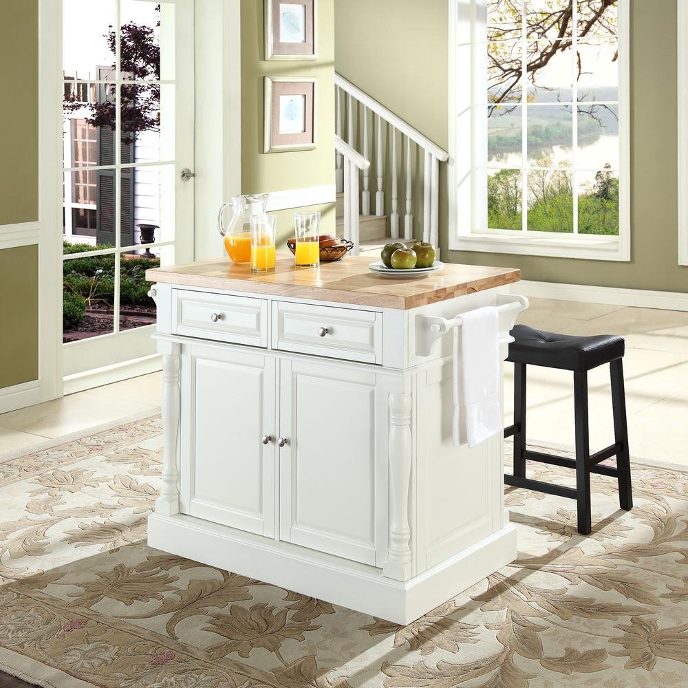 Oxford Kitchen Island W/Upholstered Saddle Stools White - Kitchen Island, 2 Counter Height Bar Stools - Drakoi Marketplace