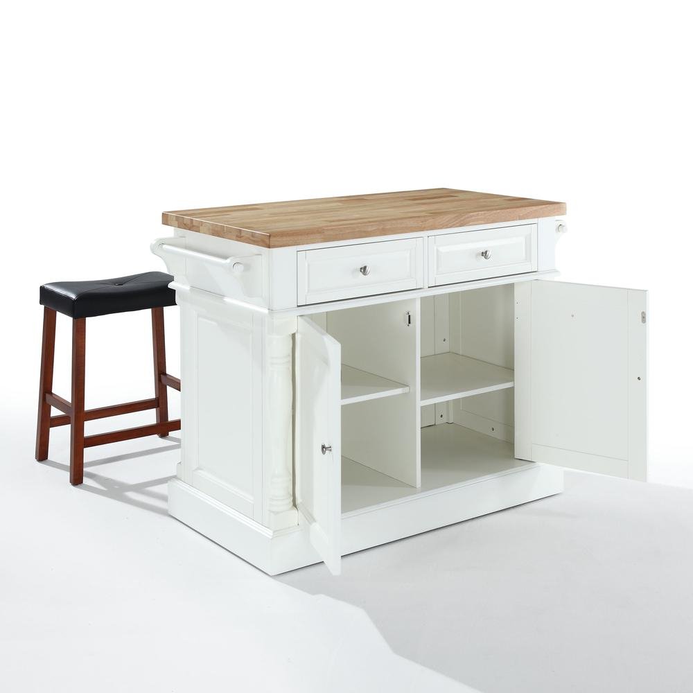 Oxford Kitchen Island W/Upholstered Saddle Stools White - Kitchen Island, 2 Counter Height Bar Stools - Drakoi Marketplace