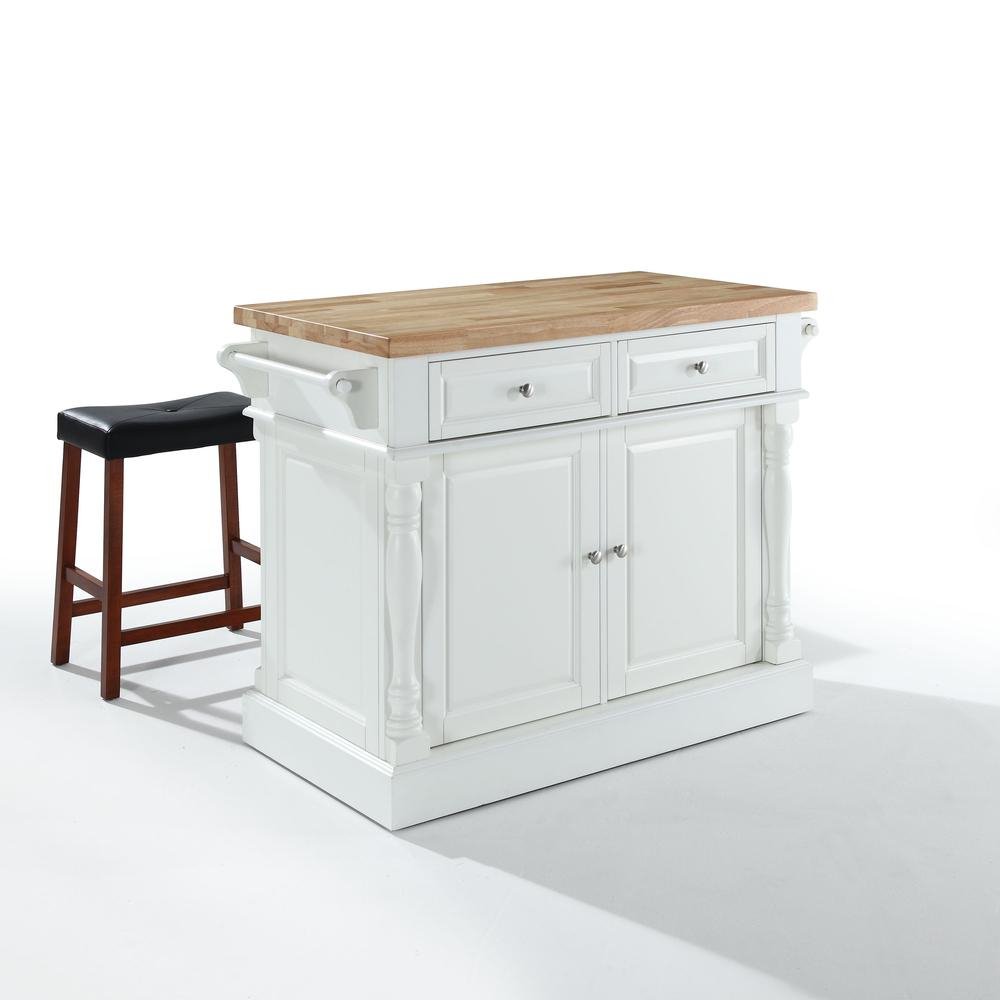 Oxford Kitchen Island W/Upholstered Saddle Stools White - Kitchen Island, 2 Counter Height Bar Stools - Drakoi Marketplace