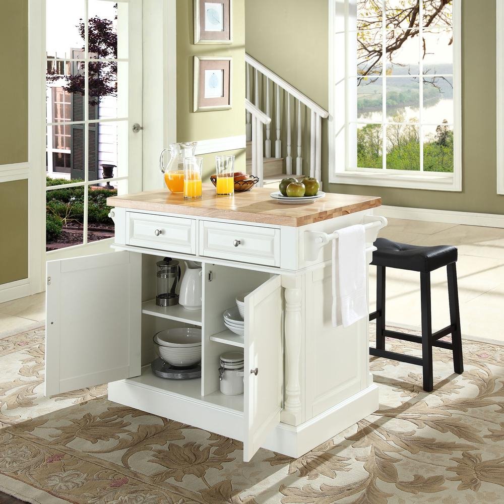 Oxford Kitchen Island W/Upholstered Saddle Stools White - Kitchen Island, 2 Counter Height Bar Stools - Drakoi Marketplace