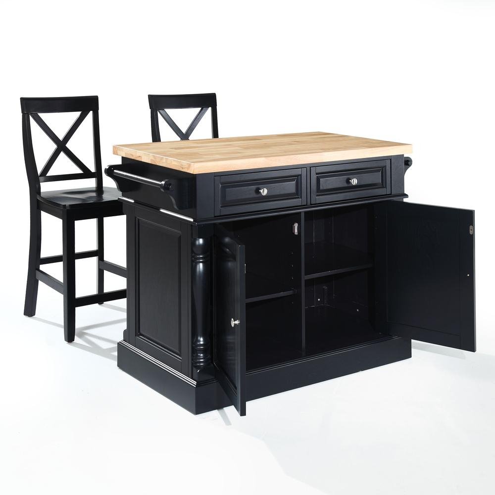 Oxford Kitchen Island W/X-Back Stools Black - Kitchen Island, 2 Counter Height Bar Stools - Drakoi Marketplace