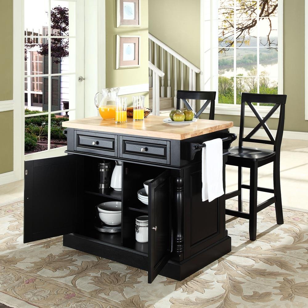 Oxford Kitchen Island W/X-Back Stools Black - Kitchen Island, 2 Counter Height Bar Stools - Drakoi Marketplace