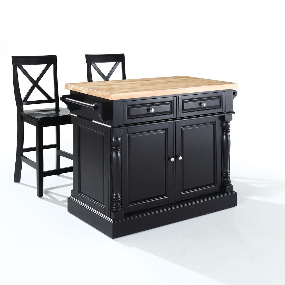 Oxford Kitchen Island W/X-Back Stools Black - Kitchen Island, 2 Counter Height Bar Stools - Drakoi Marketplace