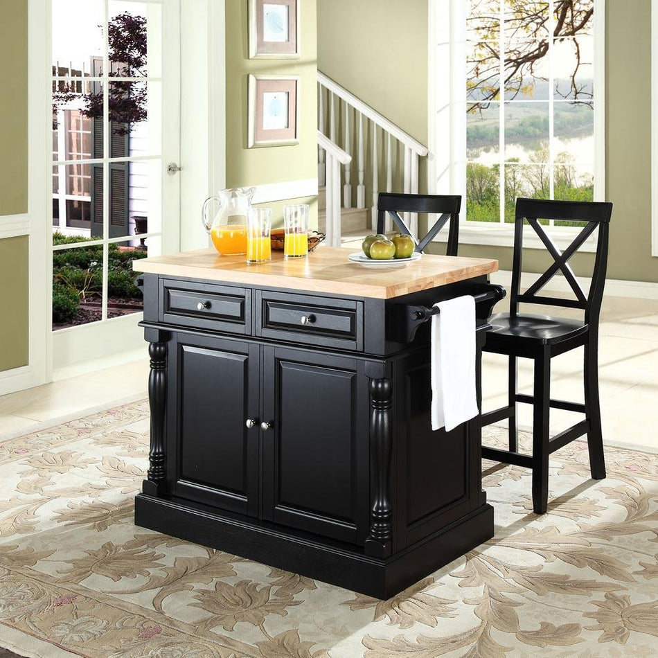 Oxford Kitchen Island W/X-Back Stools Black - Kitchen Island, 2 Counter Height Bar Stools - Drakoi Marketplace