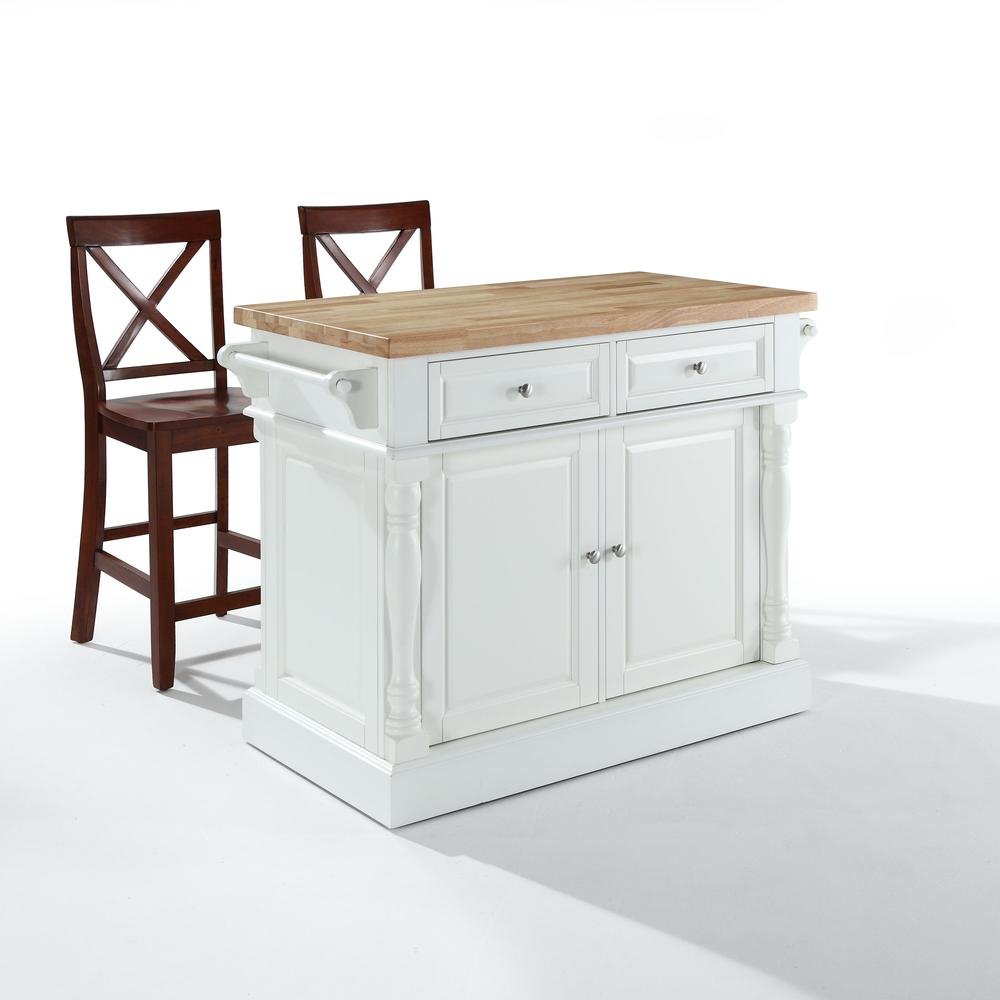 Oxford Kitchen Island W/X-Back Stools White - Kitchen Island, 2 Counter Height Bar Stools - Drakoi Marketplace