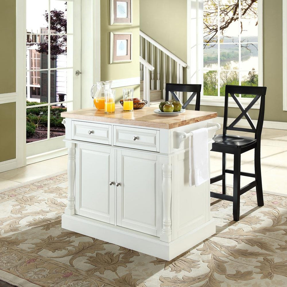 Oxford Kitchen Island W/X-Back Stools White - Kitchen Island, 2 Counter Height Bar Stools - Drakoi Marketplace